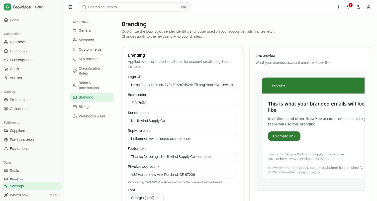 The GrowMoe Settings > Branding screen with logo, brand color, sender name and footer fields on the left and a live preview of the branded email on the right.