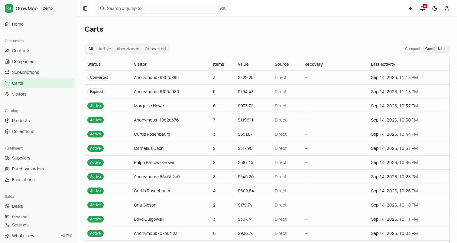 The carts list showing live, abandoned, converted and expired cart sessions with visitor, item count, value and recovery status.