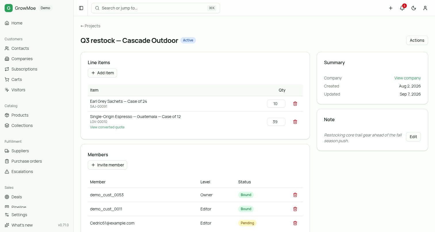 A GrowMoe project for a wholesale account showing line items pulled from the catalog, a link to the quote one line converted to, and invited team members with owner and editor roles.